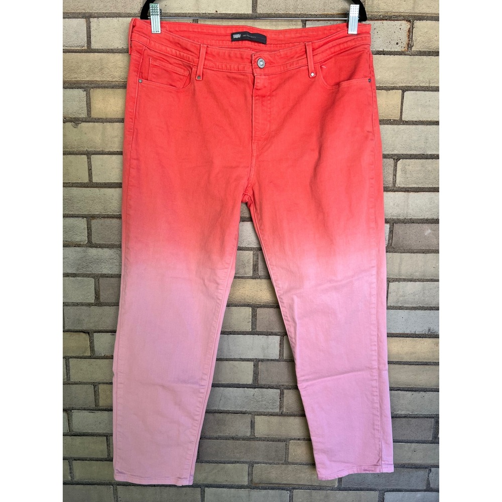 Levis Mid Rise Skinny Jeans Pink Coral Orange Ombre Dip Dye Size 16 33W Stretch